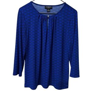 Liz Claiborne Career Petite large Blue Black  Print 3/4 Sleeve Keyhole Top